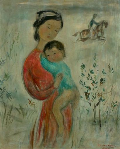 VU CAO DAM (1908-2000) 
Mère et enfant dans un paysage, 1954
Huile sur panneau, signée...