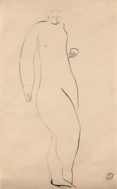 SANYU (1901-1966) 
Nu debout
Encre sur papier, signée en bas à droite 44.5 x 27.5...