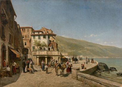 JACQUES FRANÇOIS CARABAIN (1834-1933) 
Scène animée sur les bords d'un lac, Italie
Huile...