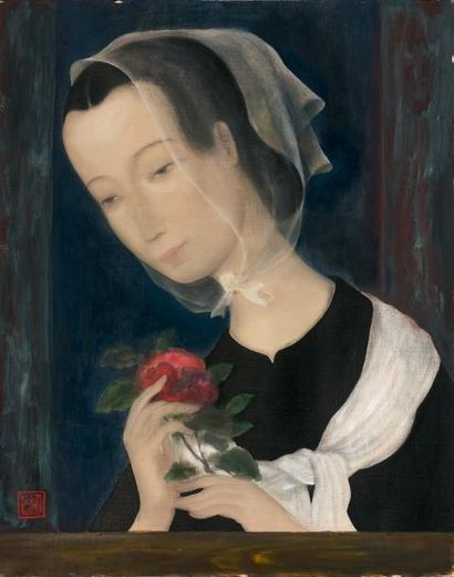 Le Pho (1907-2001) Jeune fille à la rose, circa 1941 Encre et couleurs sur soie,...