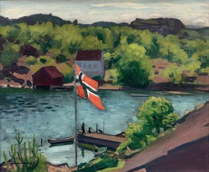 Albert Marquet (1875-1947) 
Hesnes, le drapeau norvégien Huile sur toile, signée...