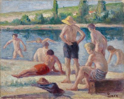 Maximilien Luce (1858-1941) 
Les baigneurs
Huile sur toile, signée en bas à droite...