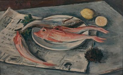 Takanori OGUISS (1901-1986) 
Rougets et oursin aux deux citrons, 1938
Huile sur toile,...