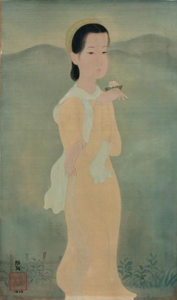 MAI trung THU (1906-1980) 
Jeune fille dans un paysage, une fleur à la main, 1943
Encre...