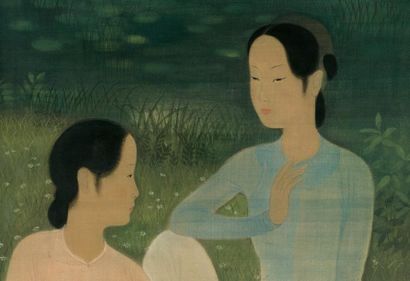 VU CAO DAM (1908-2000) Conversation Encre et couleur sur soie, signée en bas à gauche...