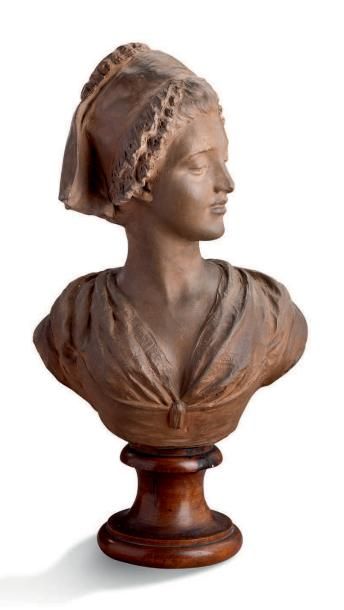 Prosper D'ÉPINAY (1836-1914) Buste de jeune femme au ruban
Sculpture en terre cuite...