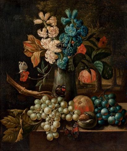 H. MULLER (ACTIF EN ALLEMAGNE AU XIXE SIÈCLE) Raisins et vases de fleurs sur un entablement
Panneau,...