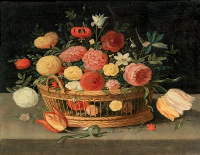 PSEUDO VAN KESSEL (ACTIF EN FLANDRES AU XVIIE SIÈCLE) Corbeille de fleurs sur un...
