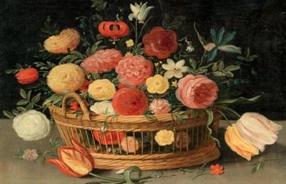 PSEUDO VAN KESSEL (ACTIF EN FLANDRES AU XVIIE SIÈCLE) Corbeille de fleurs sur un...