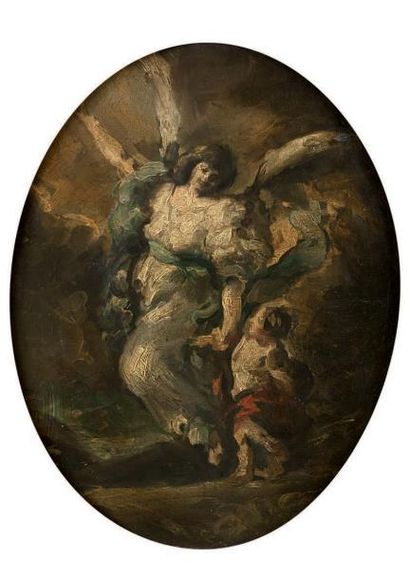 ÉCOLE ÉTRANGÈRE, XIXe siècle Tobie et l'ange
Toile ovale sur carton 37,5 cm x 29,5...