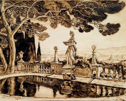 Maurice de LAMBERT (1873-1952) Vue d'un parc à la fontaine
Encre et lavis brun sur...