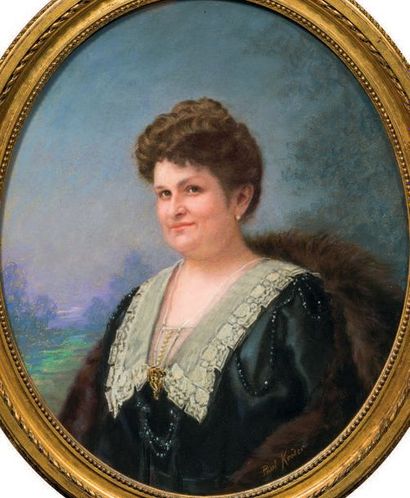 PAUL KREDER (BELFORT 1855 - ?) Portrait de femme au collier de perles
Pastel, ovale
59...