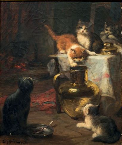 LÉON HUBER (PARIS 1858 - 1928) Chatons jouant sur une table
Sur sa toile d'origine
65...