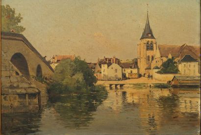 PAUL LECOMTE (1842-1920) Vue de ville au pont et à la rivière (probablement vue de...