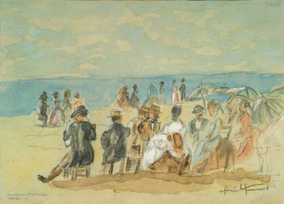 ANGIOLO TOMMASI (1858-1923) La plage à Versilia
Aquarelle, signée en bas à droite...