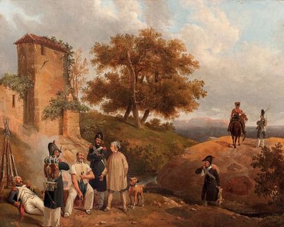ATTRIBUÉ À HIPPOLYTE BELLANGE (1800-1866) Le retour de chasse des soldats
Toile
32,5...