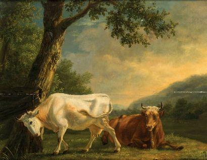 Ecole Hollandaise du début du XiXE siècle Deux vaches dans un paysage
Panneau de...