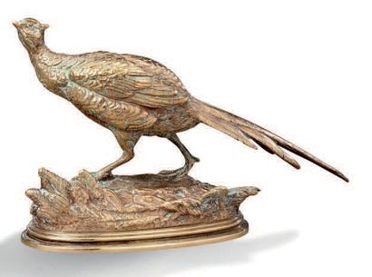Edouard Paul DELABRIERRE (1829-1912) Faisans
Deux petits bronzes à patine dorée,...