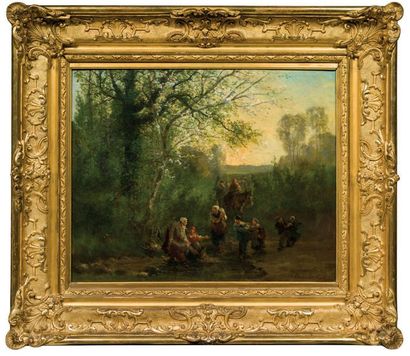 CÉSAR DE COCK (GAND 1823-1904) Paysage de forêt avec des bohémiens
Toile
44 x 55...