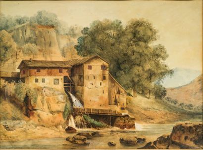 TH. HUMANN (ACTIF EN 1833) Le moulin à eau
Aquarelle et rehauts de blanc
28,5 x 39...