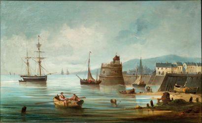ÉCOLE HOLLANDAISE, FIN DU XIXE SIÈCLE «Vue d'un port»
Huile sur toile
38,5 x 61 cm
Trace...