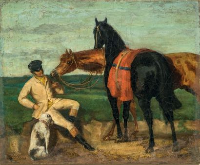 ÉCOLE FRANÇAISE DU XIXE SIÈCLE DANS LE GOÛT D'ALFRED DE DREUX Lad gardant les chevaux
Carton
33,5...