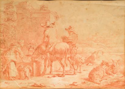 École HOLLANDAISE du XVIIIe siècle Bergers menant ses animaux
Lavandières et cavalier...