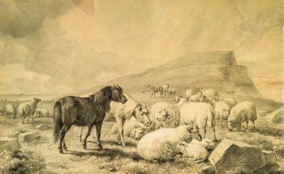 EUGÈNE JOSEPH VERBOECKHOEVEN (1799-1881) Paysage aux moutons, 1868
Dessin au crayon,...