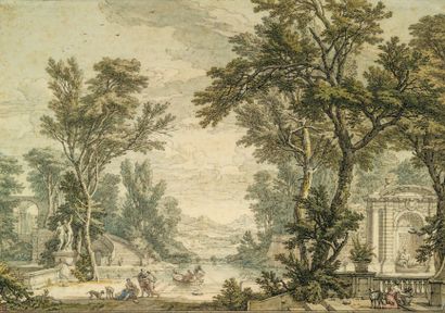 ISAAC DE MOUCHERON (AMSTERDAM 1667 - 1744) Promeneurs dans un parc au petit lac
Plume...