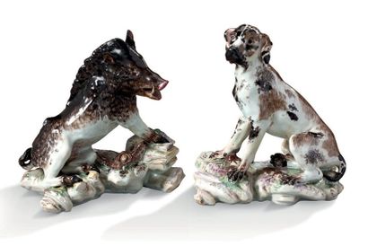 Villeroy-Mennecy 
Exceptionnelle paire de figurines animalières en porcelaine tendre...