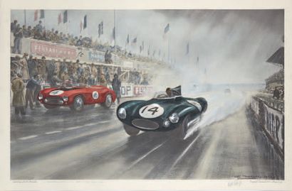 Ron NOCKOLDS Lithographie représentant une Jaguar
Type D aux 24 heures du Mans 1954.
Editions...