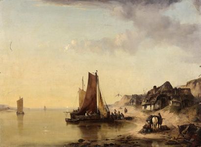 Ludwig HERMANN (1812-1881) 
Le rivage, 1840
Huile sur toile, signée et datée en bas...