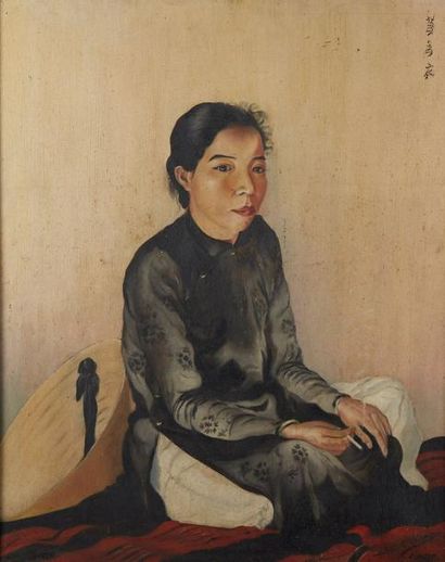 Georges CHEVRIERES (XX) 
Portrait de femme, Kon Tum, 1937
Huile sur panneau, signée,...