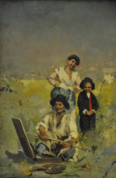 Salvatore Postiglione (1861-1906) 
Portait de famille
Huile sur toile, signée en...