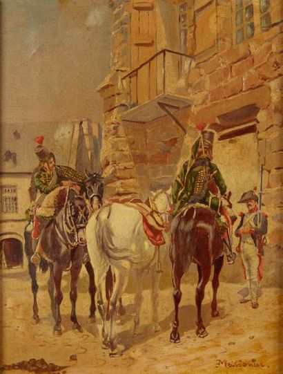 Ernest MEISSONIER (1815-1891) 
La halte des cavaliers
Huile sur toile, signée en...