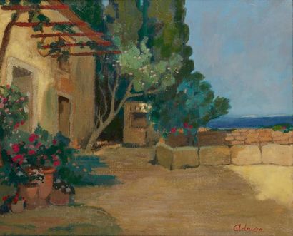 Lucien ADRION (1889-1953) 
La terrasse en Méditerrannée
Huile sur toile, signée en...