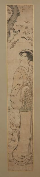 JAPON SHUNCHÔ (vers 1780-1795)
Estampe de format hashira-e représentant une jeune...