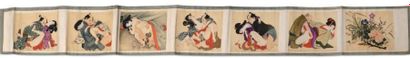 JAPON Makemono de type shunga peint en couleurs sur soie de six scènes érotiques,...