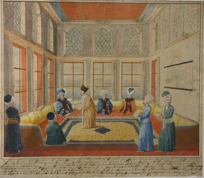 null Scène d'intérieur à la cour ottomane, Turquie XVIII ou XIX

quatre dignitaires...
