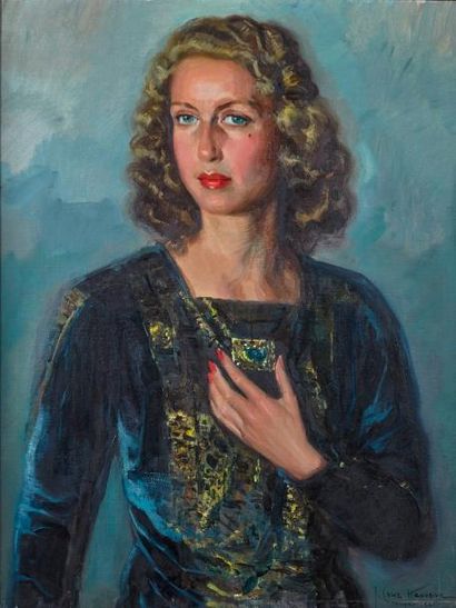  José CRUZ HERRERA (1890-1972) 
Portrait de femme à la robe bleu, 1941 
Huile sur...