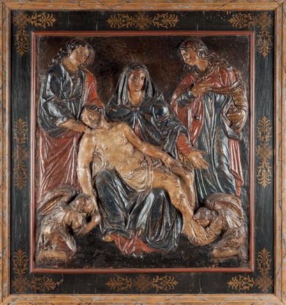 ECOLE DU XVIIe SIÈCLE La déploration du Christ
Bas relief en carton bouilli sur toile
Travail...