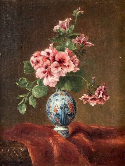 ÉCOLE fin du XIXe siècle Vase chinoisant et roses
Huile sur toile
Signée en bas à...