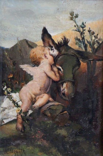 Anton BRAITH (1836-1905) Angelot parlant à l'âne
Huile sur toile maroufflée sur carton,...