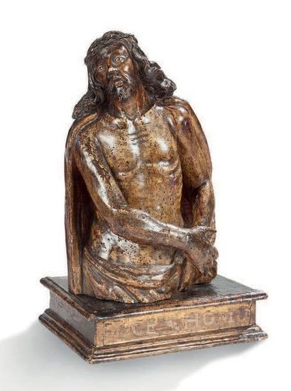 École ESPAGNOLE du XVIIe siècle Ecce Homo
Sujet en bois sculpté sur son socle. Traces...