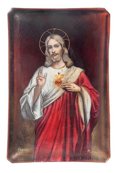 Travail du XIXe siècle Plaque en vuivre émaillé figurant le Christ.
Signée 11,5 x...