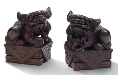 CHINE fin du XIXe siècle Eléments de mobiliers en bois sculpté, représentant des...