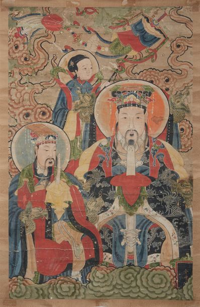 Chine XIXe siècle Peinture à l'encre et couleurs sur papier, représentant deux dieux...