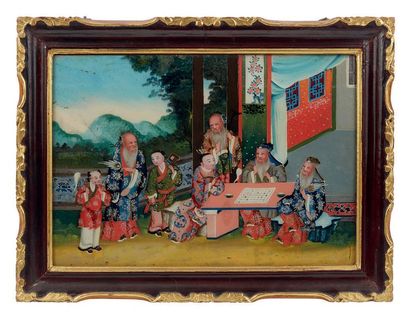 CHINE début XXe siècle Peinture en fixé-sous-verre représentant plusieurs dignitaires...