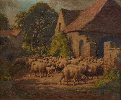 Charles CLAIR (1860-1930) Rentrée du troupeau de moutons
Huile sur toile signée en...