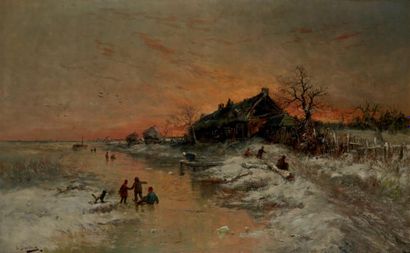 EMILE DUVIEUX (XIXÈME SIÈCLE) Paysage aux patineurs
Huile sur toile signée en bas...